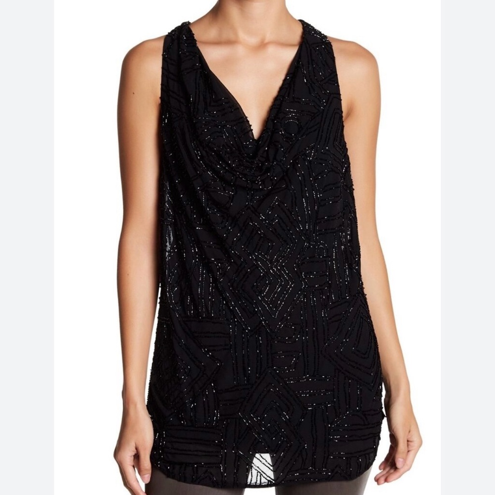 Alice + Olivia Mae Beaded Cowl Neck Tunic Blk XS
